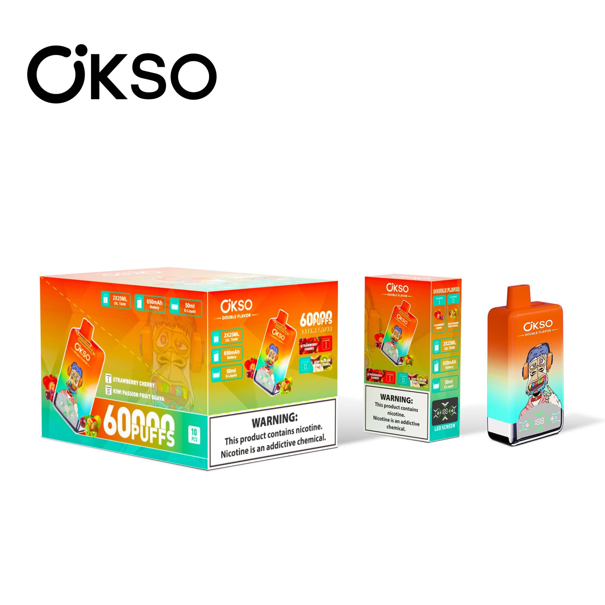 Batterie 650 mAh OKSO Double Saveur 60 000 bouffées 60 000 vape 10 résistances Mesh Double Saveur Écran LED Cigarette électronique jetable