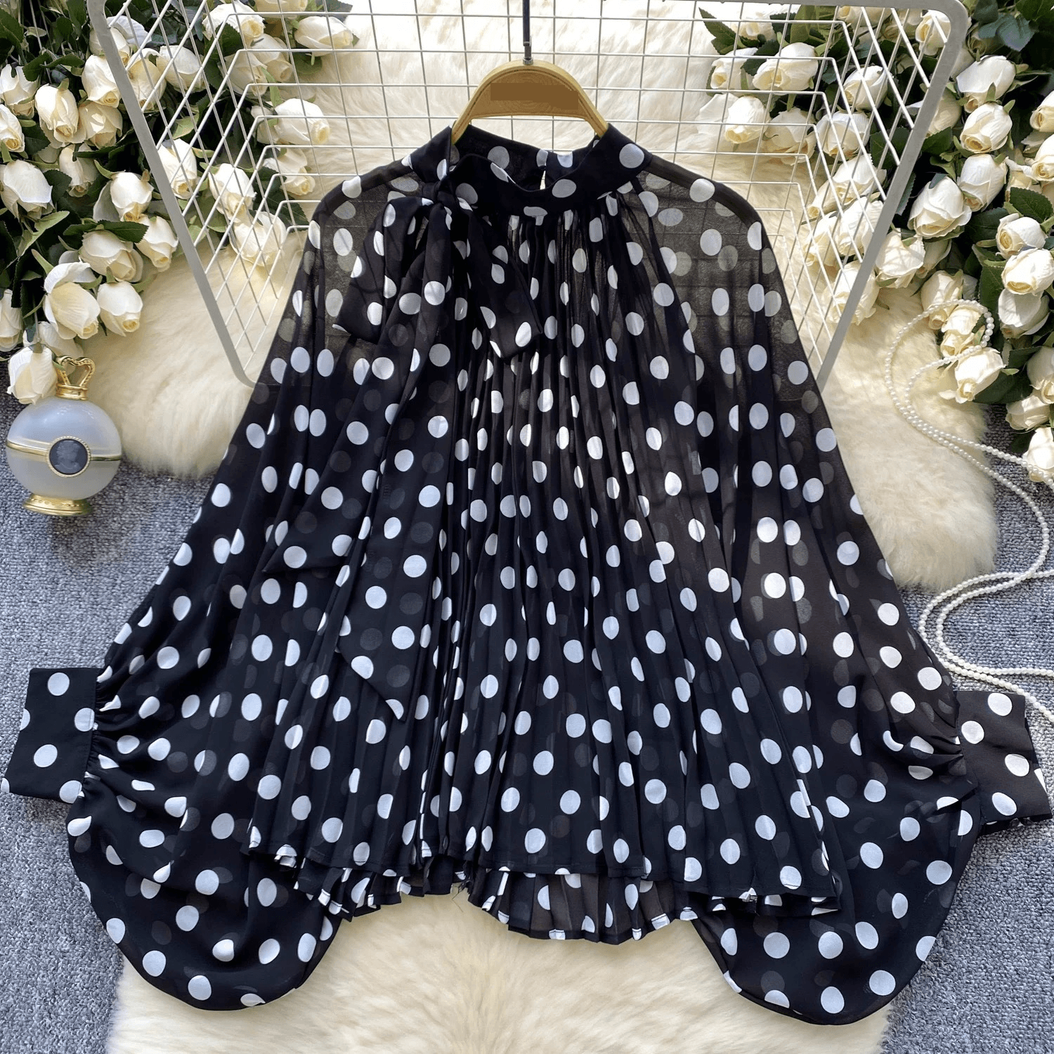 Women's Clothing Top Blouse New Fashion Bow Tie Lantern Sleeve Polka Dot Shirt