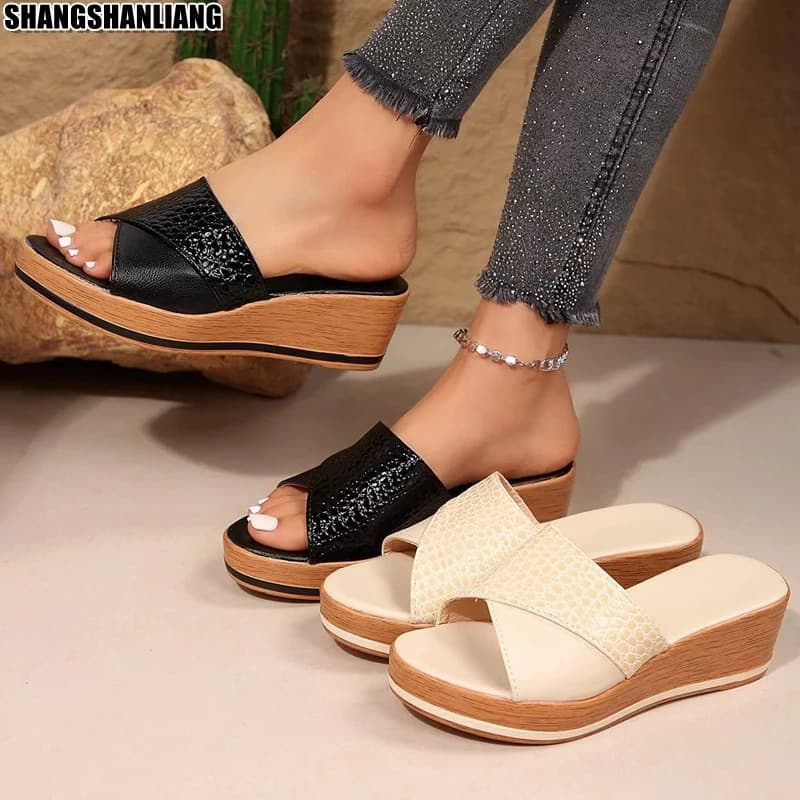 SHLIANG Women Sandals Wedge Heels Sandalias Summer Wedges Shoes For Women Summer Footwear Female Slippers S012A