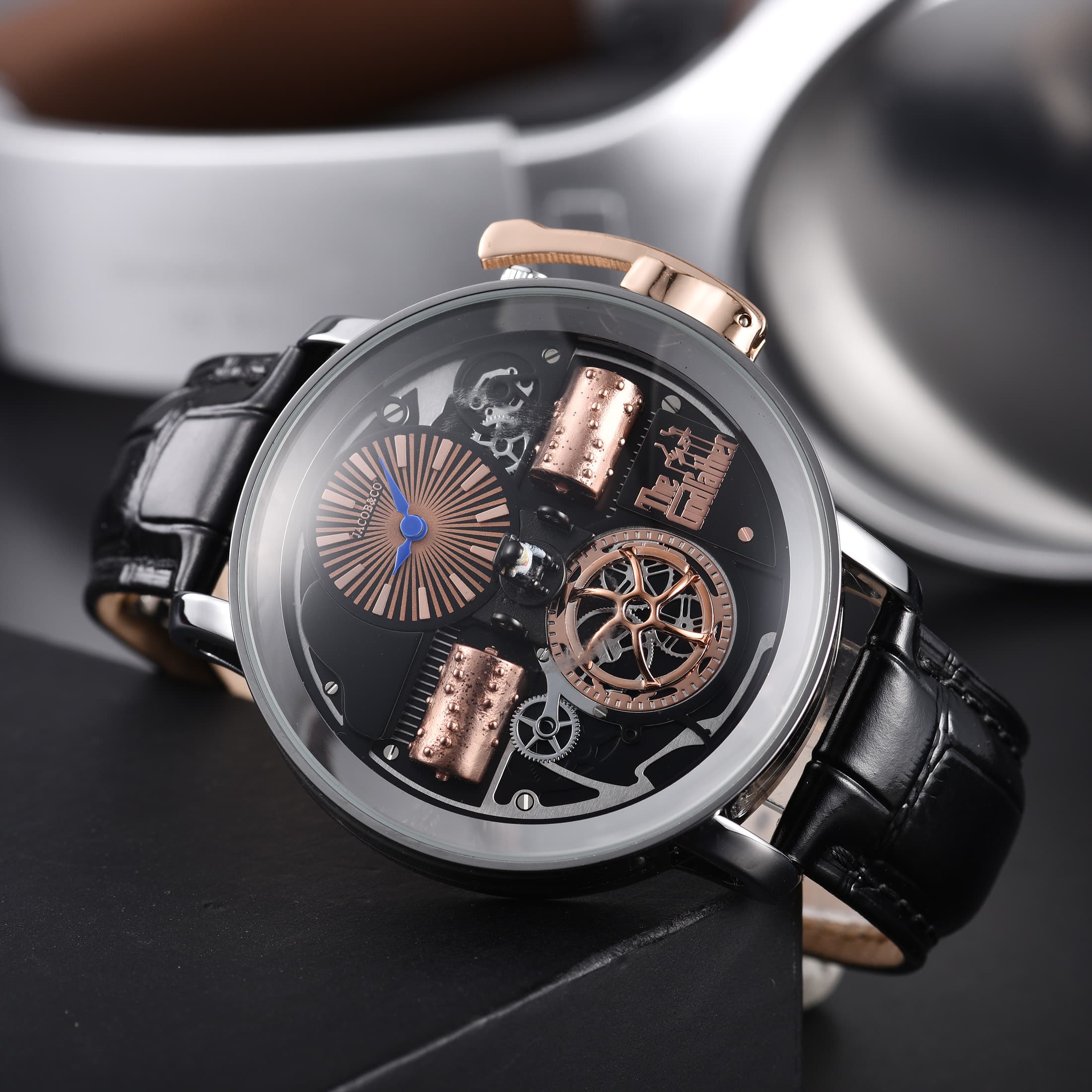 Montre homme Le Parrain de l'Opéra, édition limitée, cadran squelette, quartz, boîtier en or rose et acier, bracelet crocodile, pièce de collect