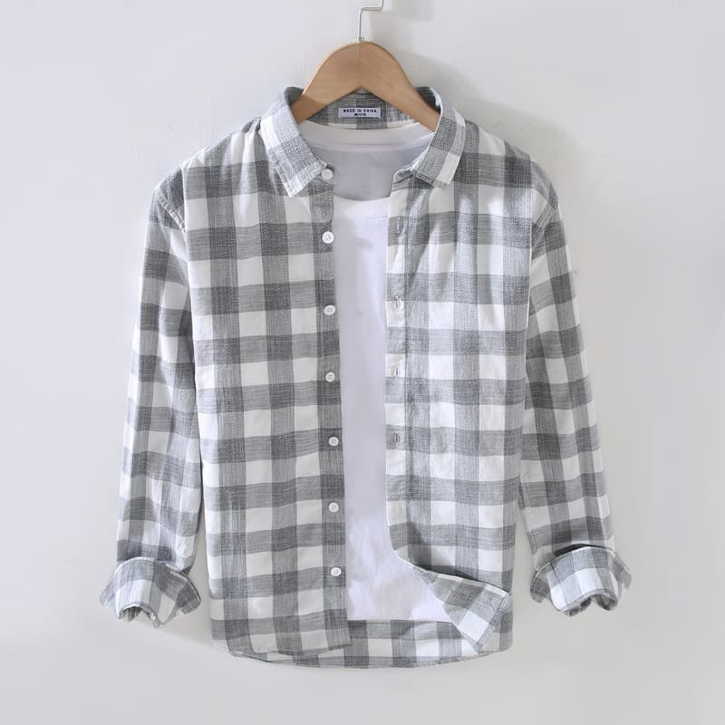 Spring And Summer New Fresh Plaid Long Sleeved Shirt For Men's Casual Loose Square Neck Trendy Men's Shirt