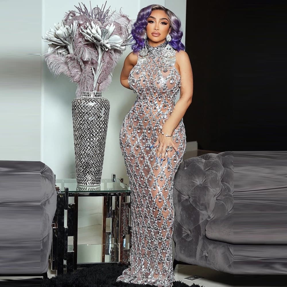 hot sale European and American foreign trade shiny rhinestone dress plus size women's evening dress long skirt