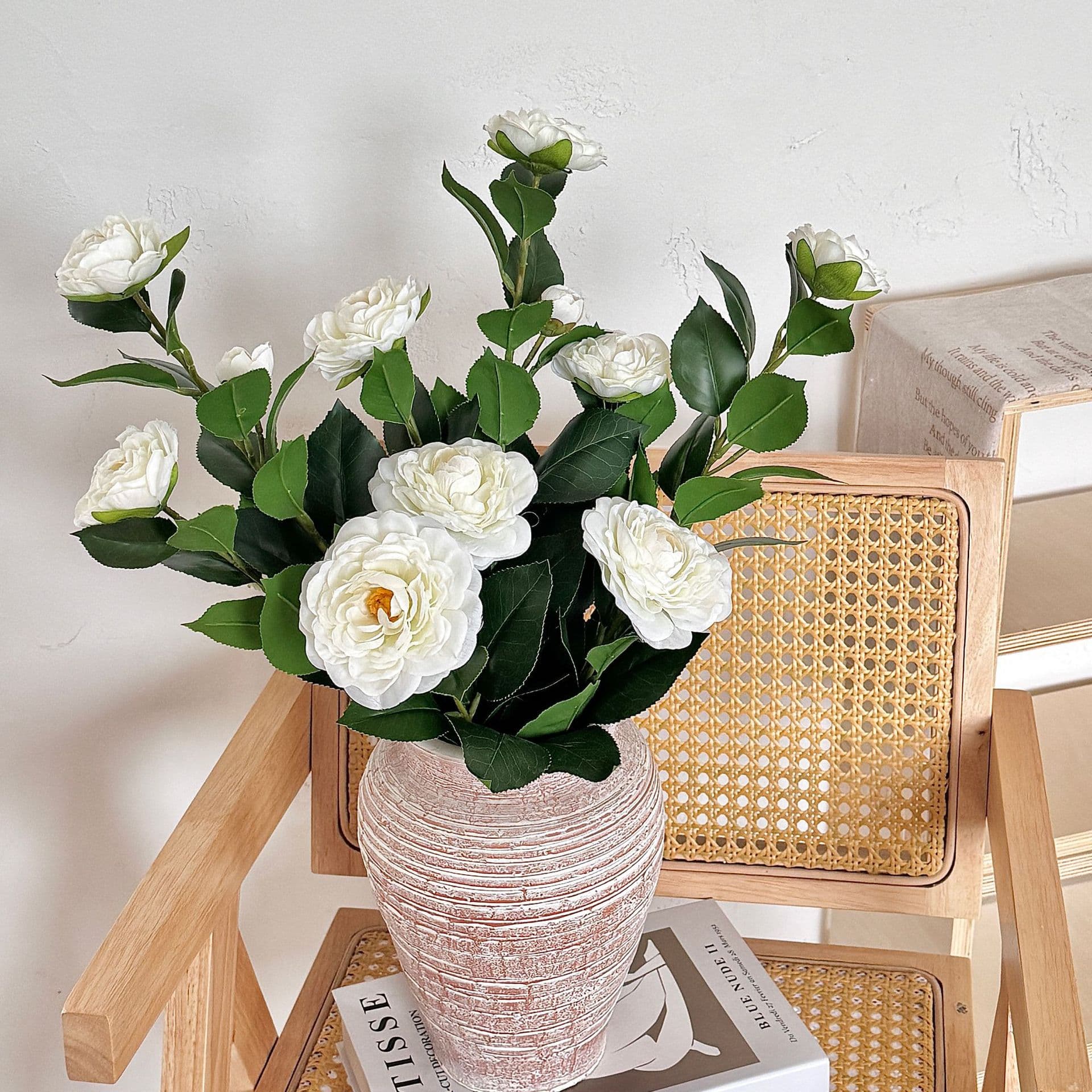 Elegant Camellia Silk Flower Arrangement For Home Decor - Perfect For Living Room, Dining Table, And Wedding Centerpieces (White, Yellow, Orange, Red)