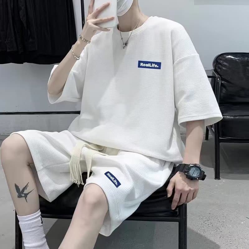 Men's Clothing Waffle Sports Casual Suit Men's Loose Summer Short Sleeved T Shirt Set With Handsome Shorts Clothes