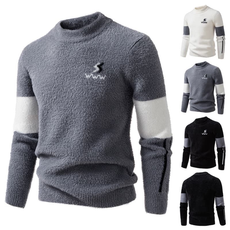 Men's Fashion Knit Sweater, Oversized Crewneck Long Sleeve Pullover, Modal-Spandex Blend, Thickened Casual Thermal Top (White/Gray/Black)
