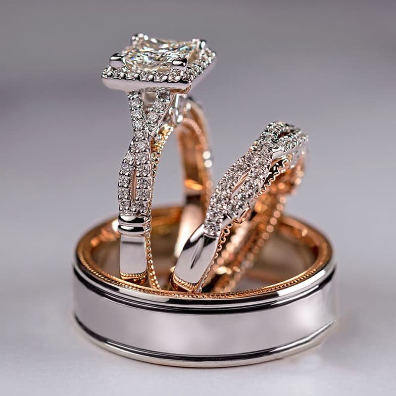 3-Piece Rose Gold Zircon Ring Set – Sparkling Floral Design For Women, Luxury Engagement & Party Jewelry