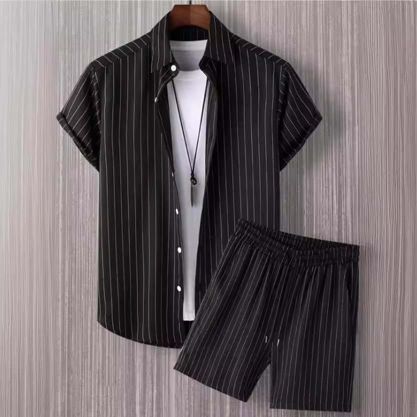 Men's Clothing Short Sleeved Drawstring Button Front Stripe Casual Two Piece Suit