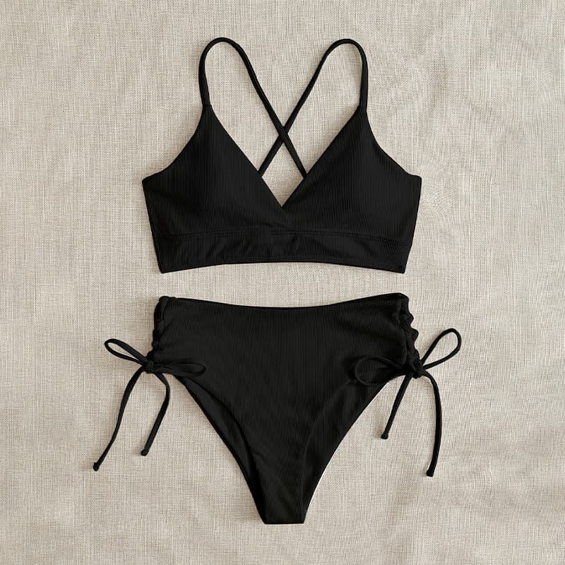 Women's Clothing Sexy Swimsuit Solid Color V Neck Bikini High Waist Strap Split Multi Color Swimsuit