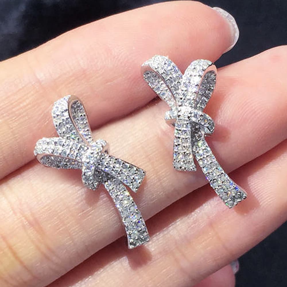 Cao Shi Star's Same Style Earrings with New Bow Knot Light Luxury Style Earrings for Women Full Set with Zircon Earrings