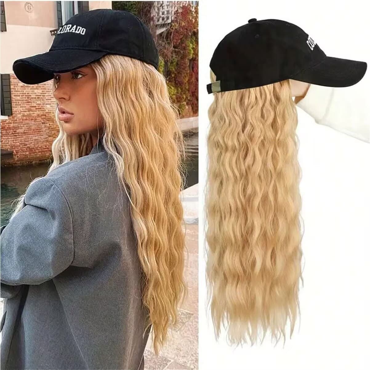 Women's Fashionable Wig Hat With Long Curly Hair, High-Temperature Fiber, Bohemian Style, Perfect For Any Skin Tone And Face Shape