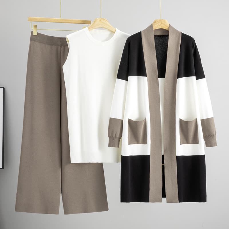 Women's Clothing Women's Autumn Knitted Vest & Wide Leg Pants Set - Elegant Office Casual Three-Piece Outfit In Black/Burgundy/Coffee/Grey/Camel