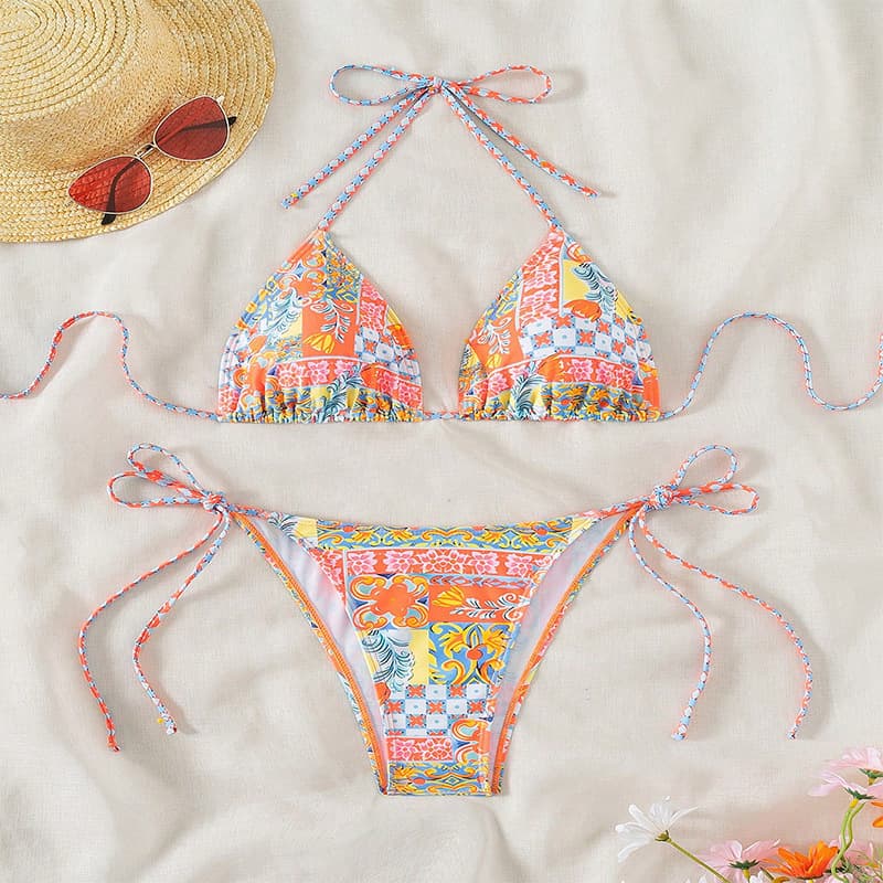 Women’s Clothing New Printed Sexy Lace Up Bikini Swimsuit Female Beach Bikini Hot Spring Swimsuit