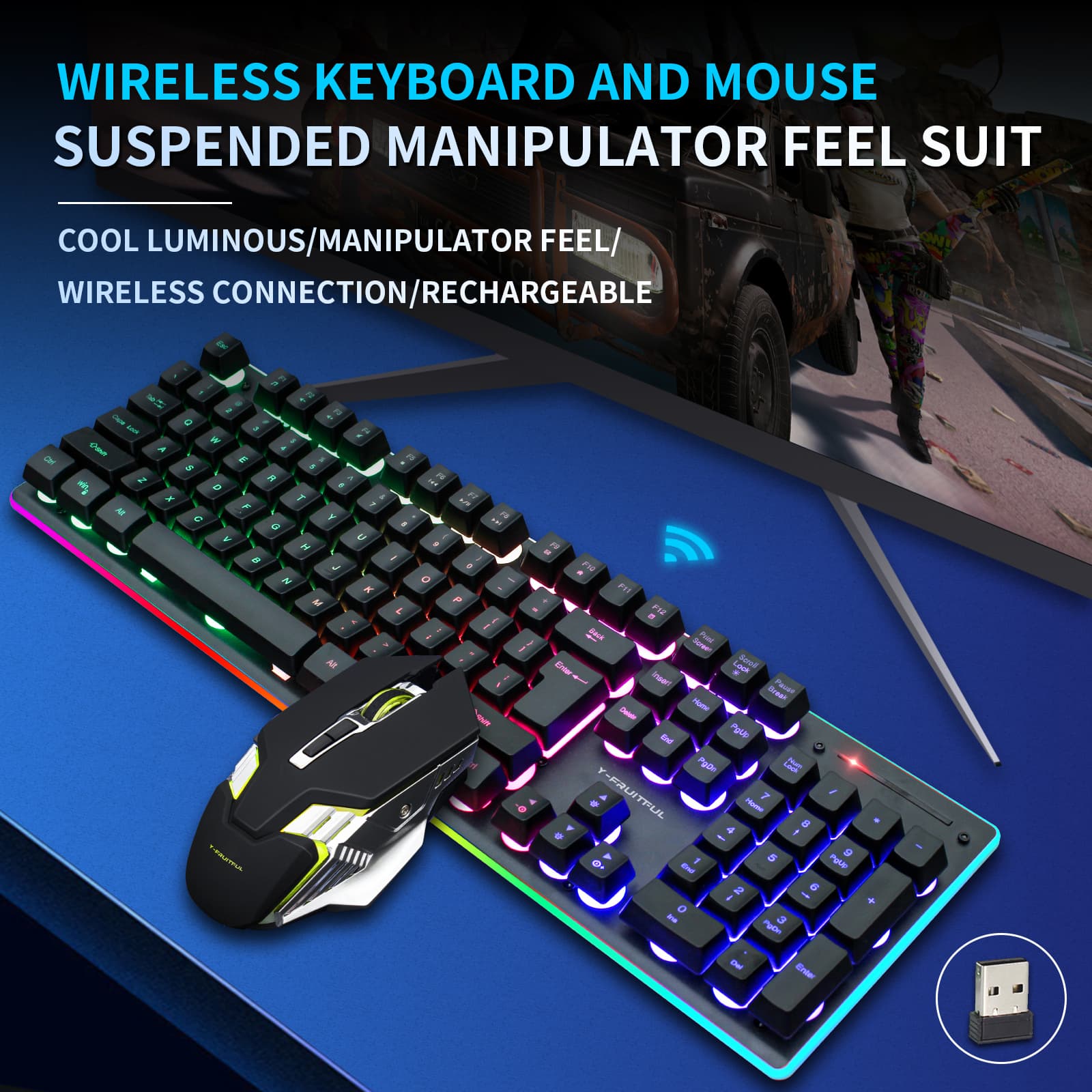 Yunguo KM99 Office Wireless Charging Luminous Game Keyboard and Mouse Set For Boy
