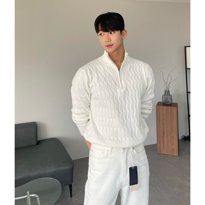 Men's Clothing Half Turtleneck Zipper Sweater Men's High-grade Lazy Pullover Long Sleeve Sweater Fashionable Western Style All-match White Coat