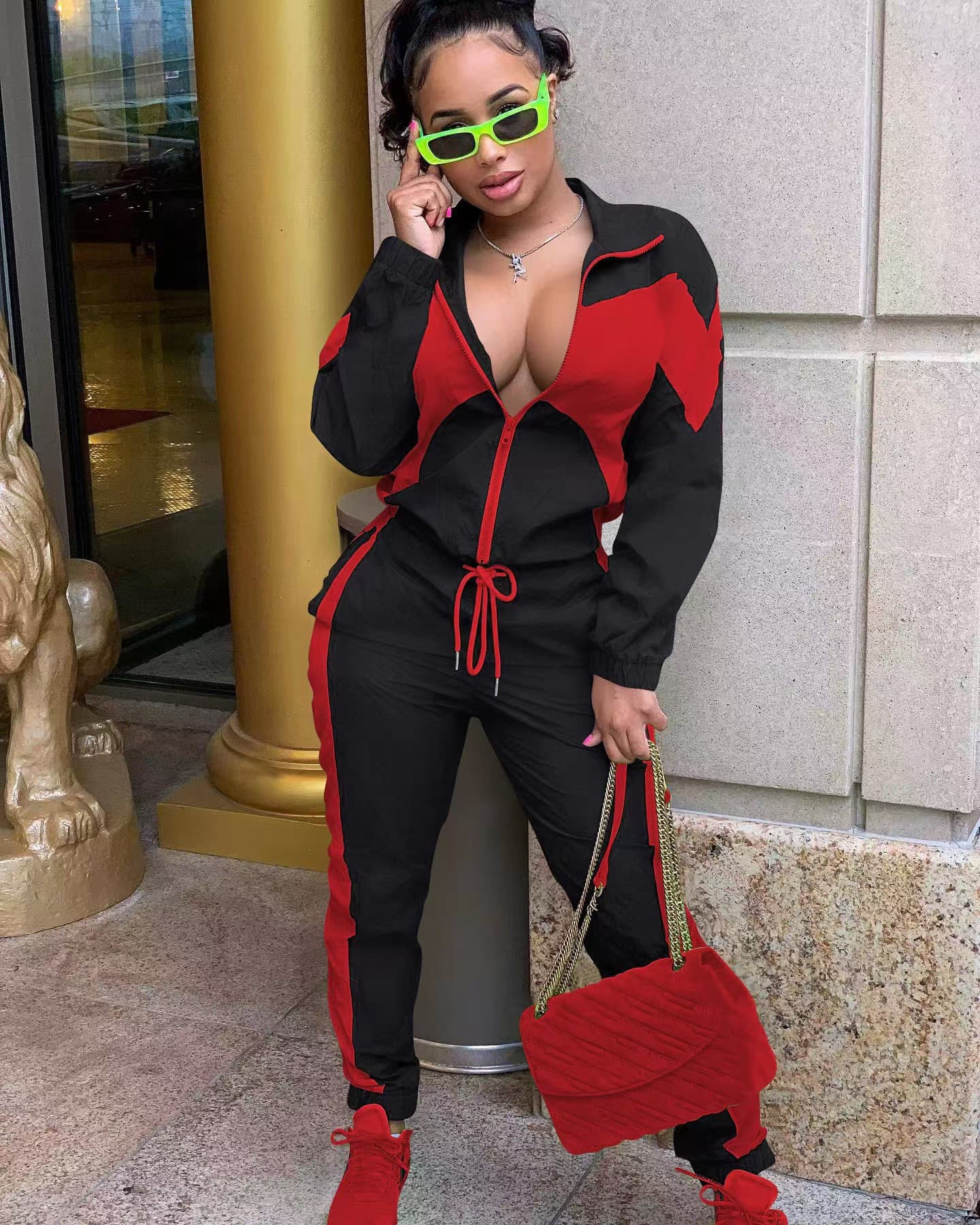 Women's Clothing Casual Fashion Contrast Color Cardigan Two Piece Set