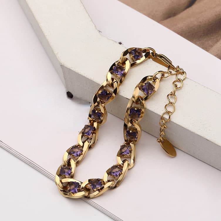 European And American INS Style Titanium Gold Plated Stainless Steel Inlaid Purple Zircon Cuban Chain Bracelet