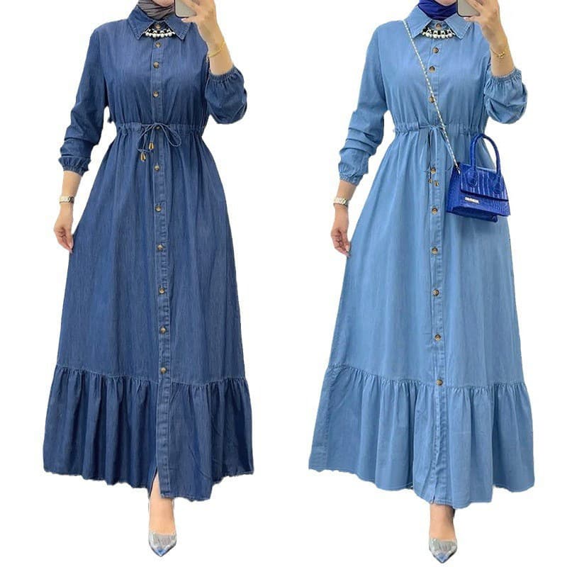 Women's Clothing new Muslim ladies solid color cardigan fashionable and elegant denim dress