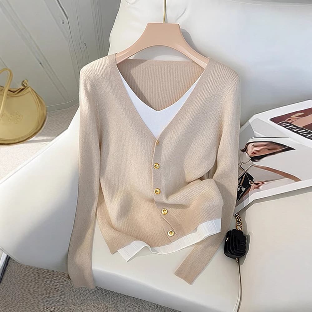 Women's Clothing two piece design contrast color long sleeved sweater women autumn and winter bottoming top knitted cardigan