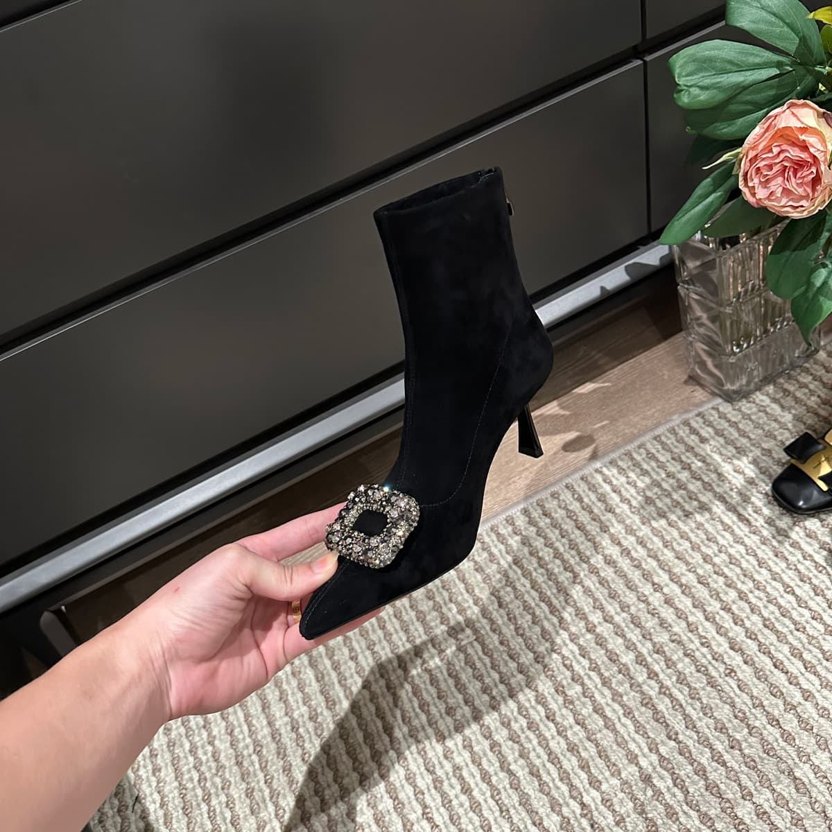 French Style Pointed Toe Short For Women With Rhinestone Square Buckle, Slim Elastic Boots, 2025 Autumn Winter New