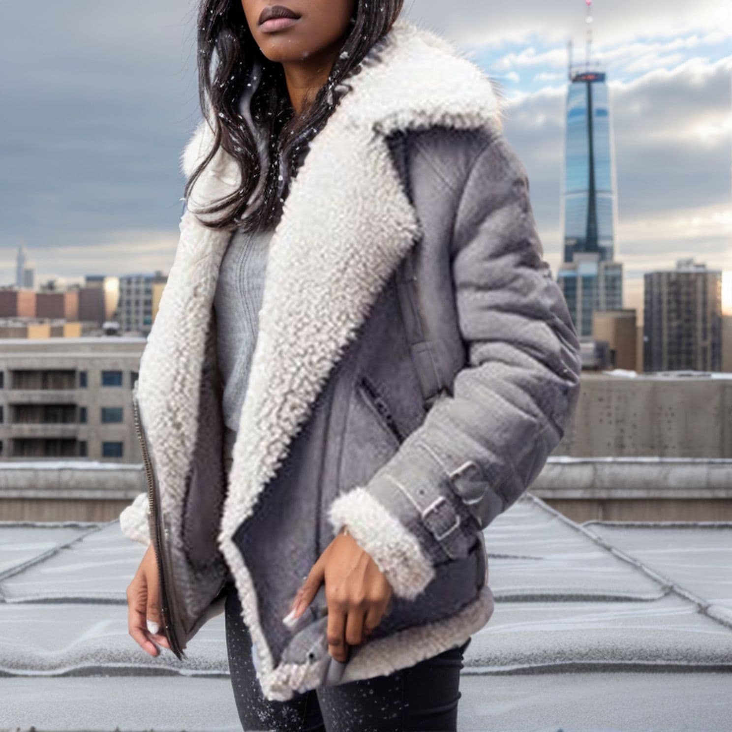 Women's Faux Suede Fleece Lined Jacket With Turn-Down Collar - Winter Coats For Women, Oversized Long Sleeve Outerwear In Black/Brick Red/Gray