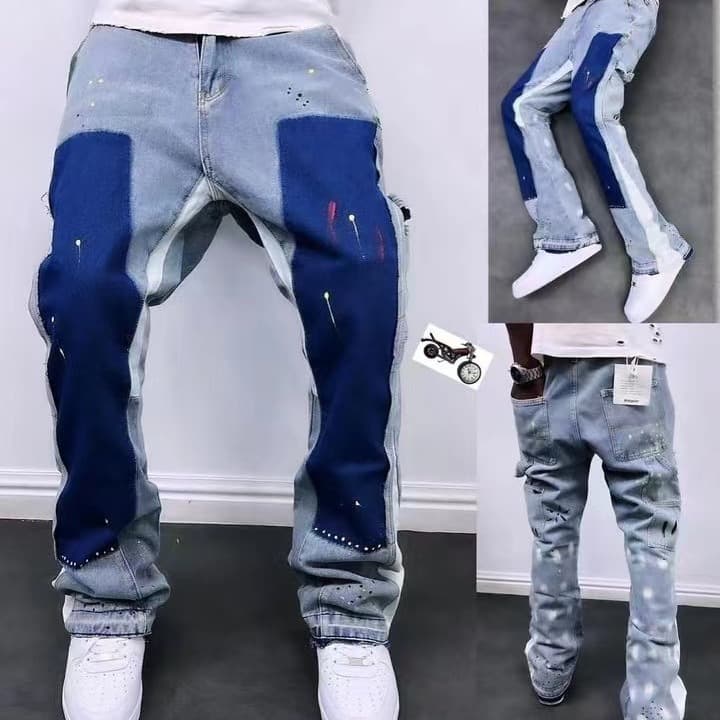 Men's Clothing High Street Style Heavy Washing Old Ink Splash Color Deconstruction Bell Bottom Pants Sub Trend Personality Niche Stacked Jeans