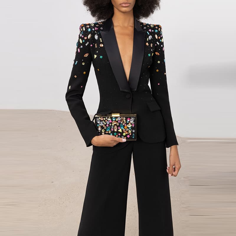 Women's Clothing fashion new heavy duty nail beads diamond slim fit suit jacket flared trousers suit two pieces