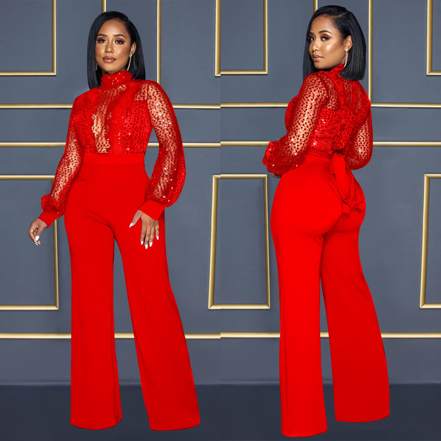 Women's Fashion Hollowed-out Long-sleeved Trousers Lace-up Jumpsuit