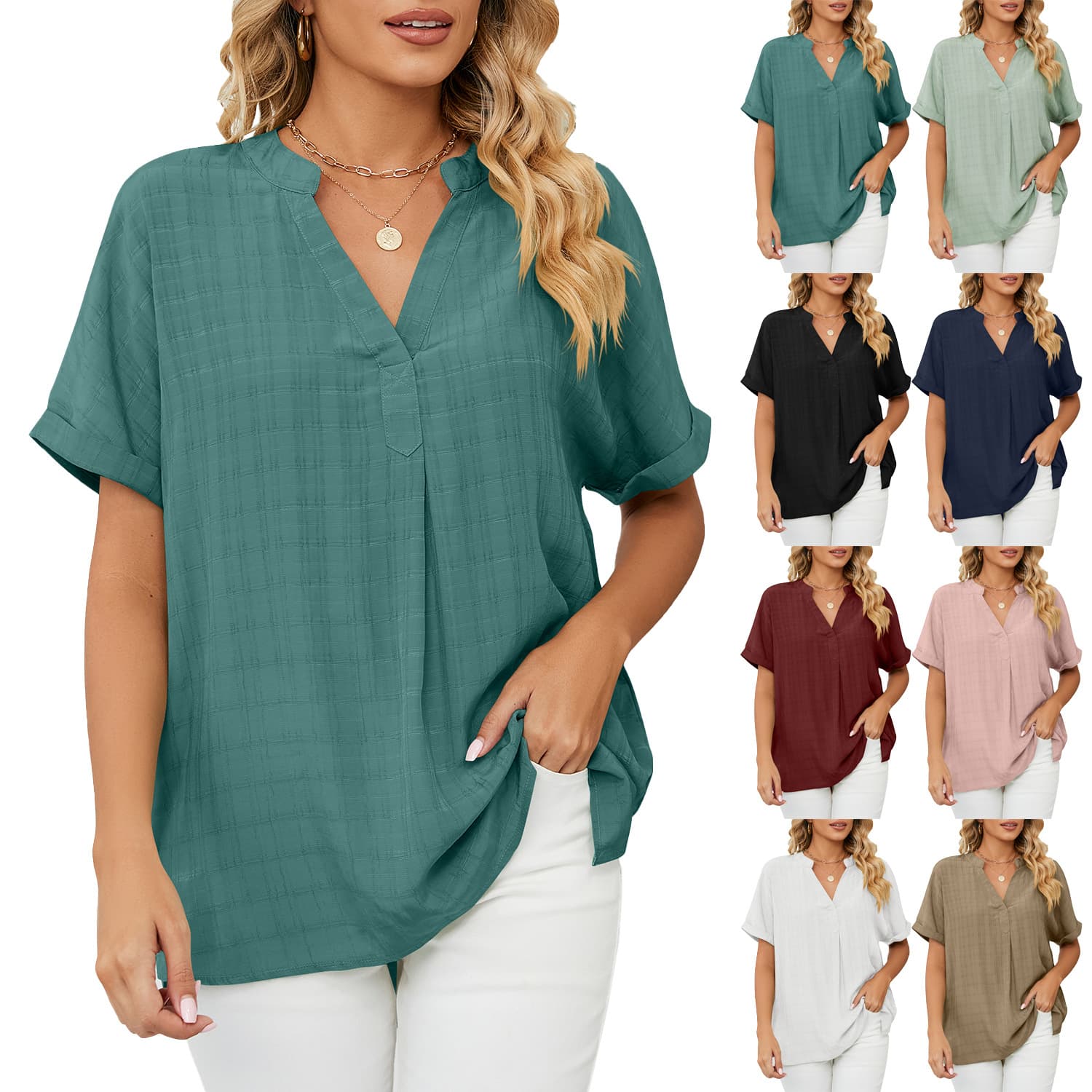 Women's Clothing Thin V-neck Casual Pullover Solid Loose Shirt Top