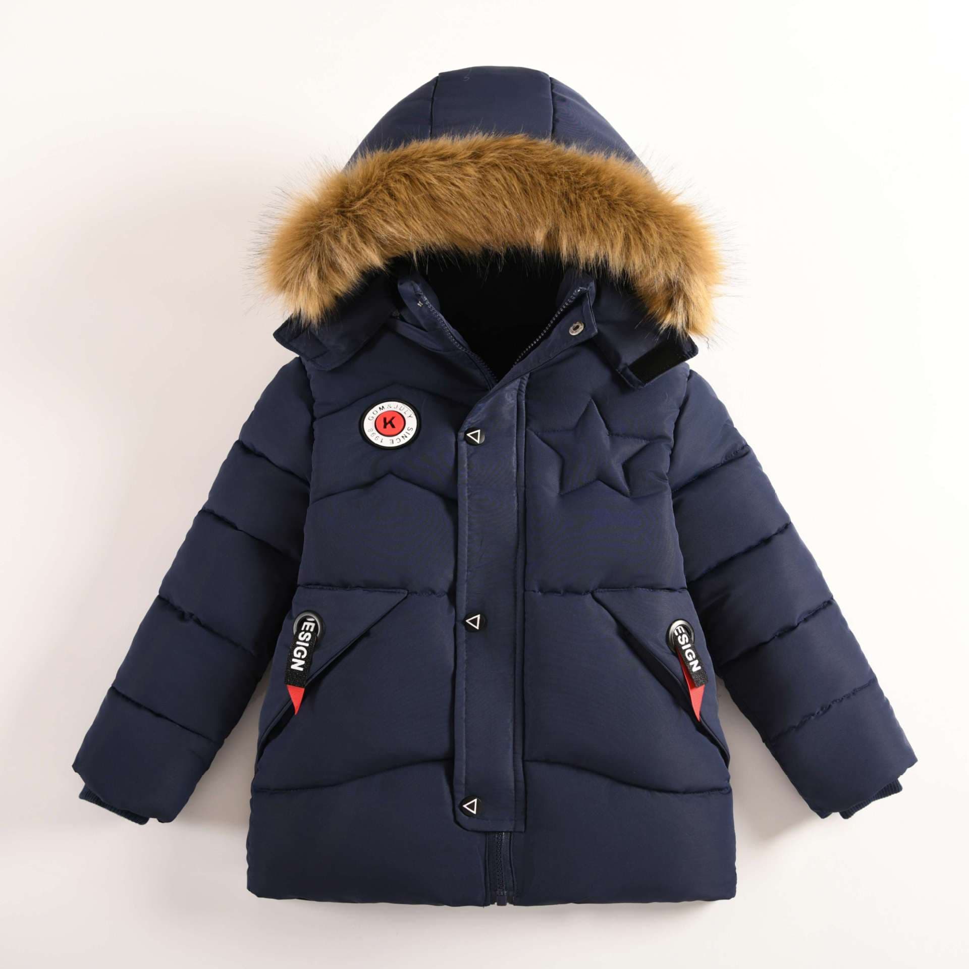 European And American New Winter Boys' Cotton Coats For Children's Middle And Large Children With Hoods, Plush And Thickened Warm Cotton Coats