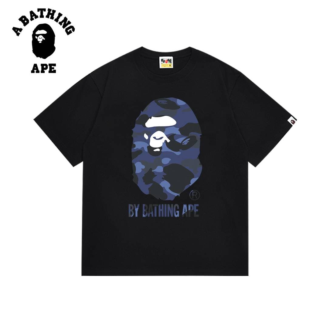A BATHING APE BAPE-Simple Blue Ape Head Men's Short Sleeved T-shirt With Letter Printed Pattern
