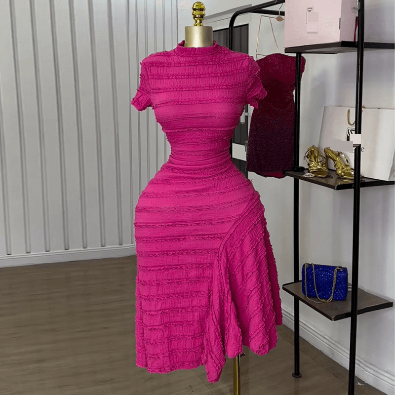 Women's Clothing Sweet Half High Collar Short Sleeved High Waist Slim Dress