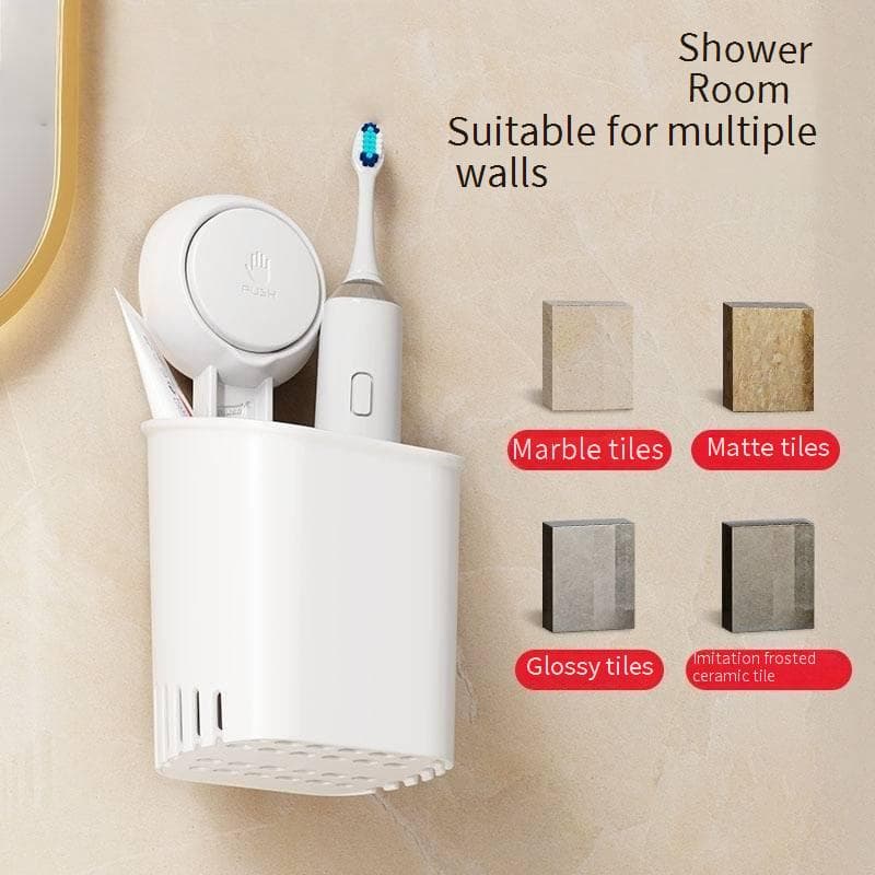 No Drill Wall Mount Toothbrush Holder With Strong Suction Cups - Bathroom Organizer For Toothbrush & Toothpaste (Space Saving Waterproof Rustproof)