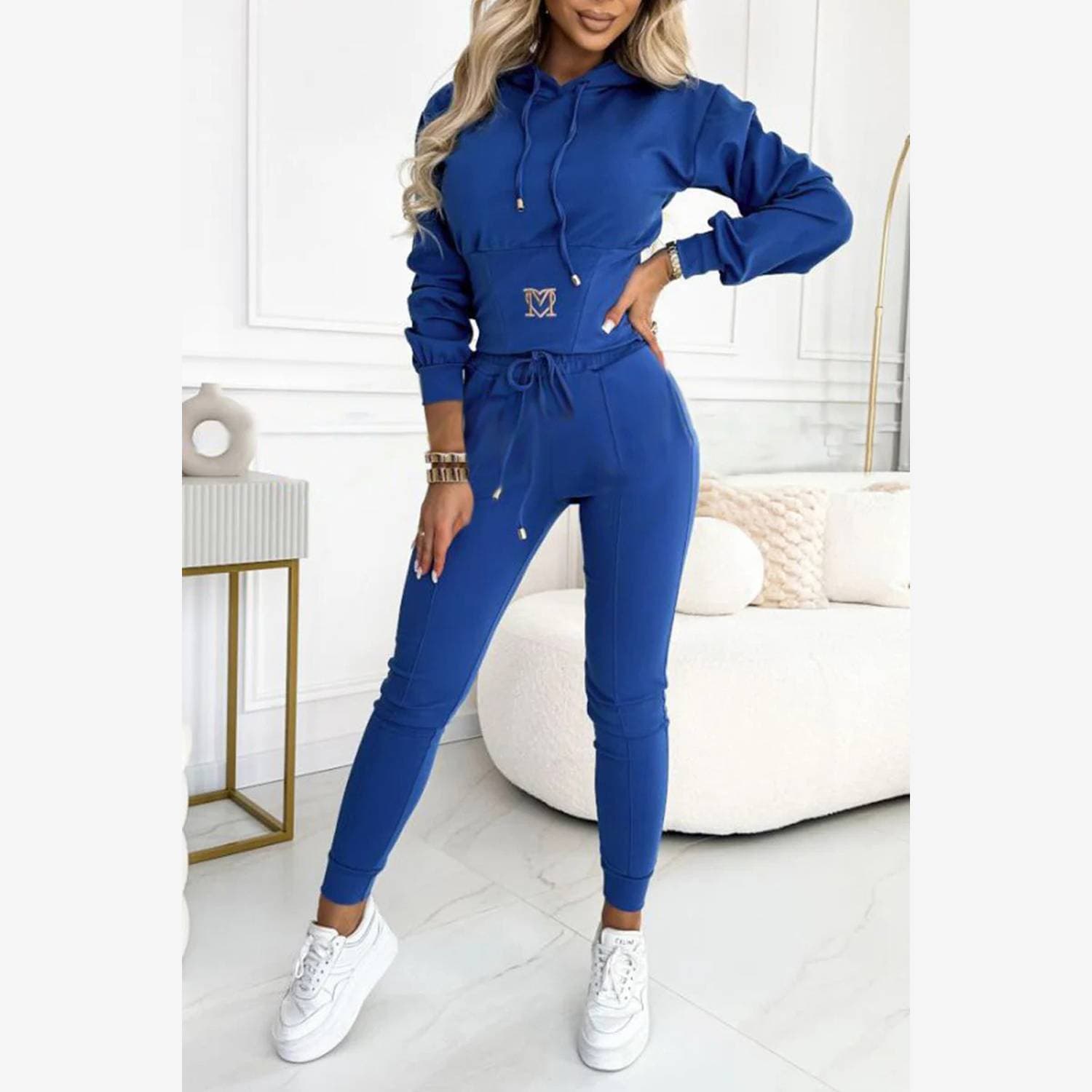 Women's Suit Solid Color Long Sleeve Round Neck Pocket Decorated Waist Pants