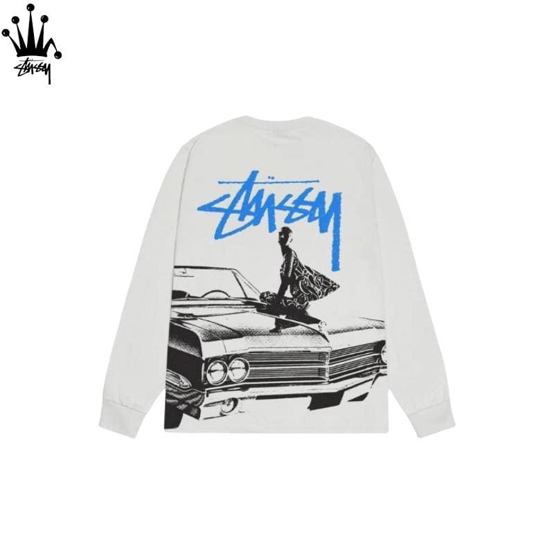 Stussy Back Car Pattern, Chest Logo Print, Loose, Comfortable, Casual, Versatile Pure Cotton Long Sleeved Top, Unisex