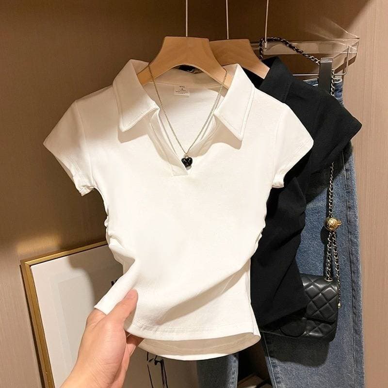 Women's Clothing White Polo Collar Short Sleeved T Shirt Tight Waist And Lapel High Waist And Straight Shoulder Top