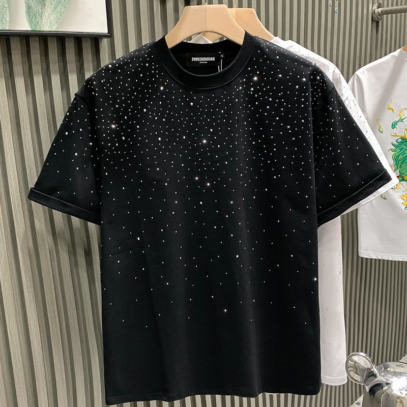 Marque de mode européenne tendance luxe léger hommes court Internet célébrité niche diamant chaud haut de gamme col rond demi