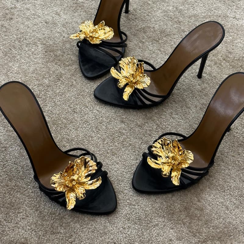 Spring/Summer Ultra High Heel Sandals - Metallic Flower Stiletto Open-Toe Mules For Women, Elegant & Sexy