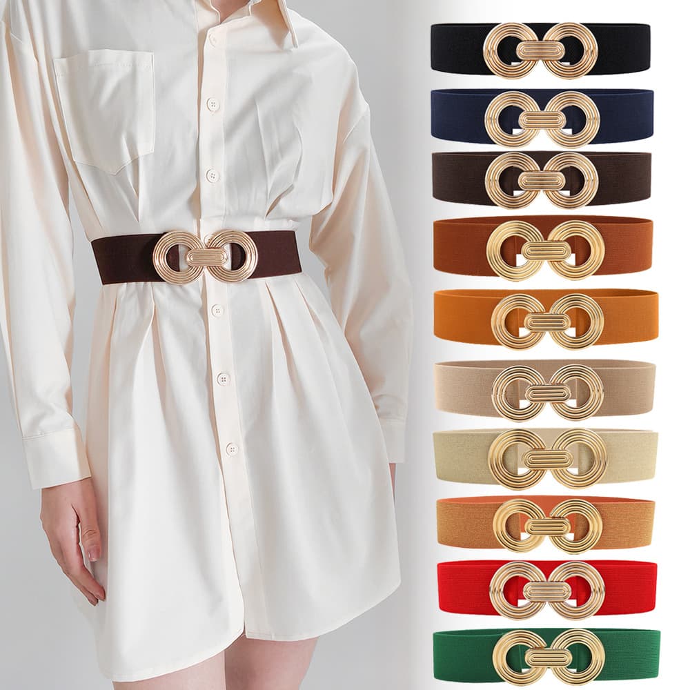 Unisex Elastic Belt Women's Geometric Metal Buckle Stylish Waist Wrap Black Embellished Dress