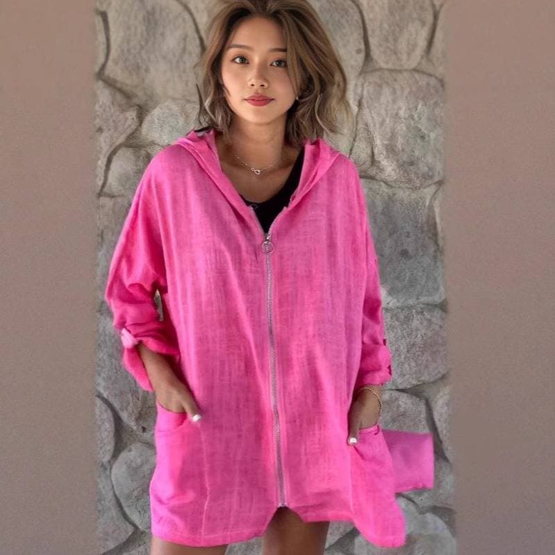 Women's Zip-Up Hoodie With Contrast Panels – Longline Cotton-Linen Blend Pullover, Oversized Streetwear Style (Rose/Gray, S-XXXL)