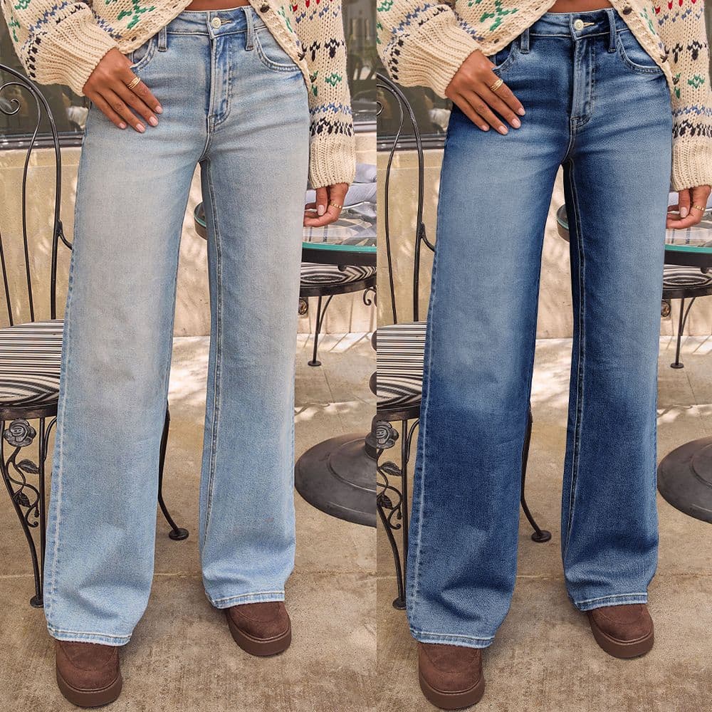 High-Waisted Relaxed Wide-Leg Jeans For Women – Vintage Washed Denim Pants (Dark Blue/Light Blue, S-XXL)
