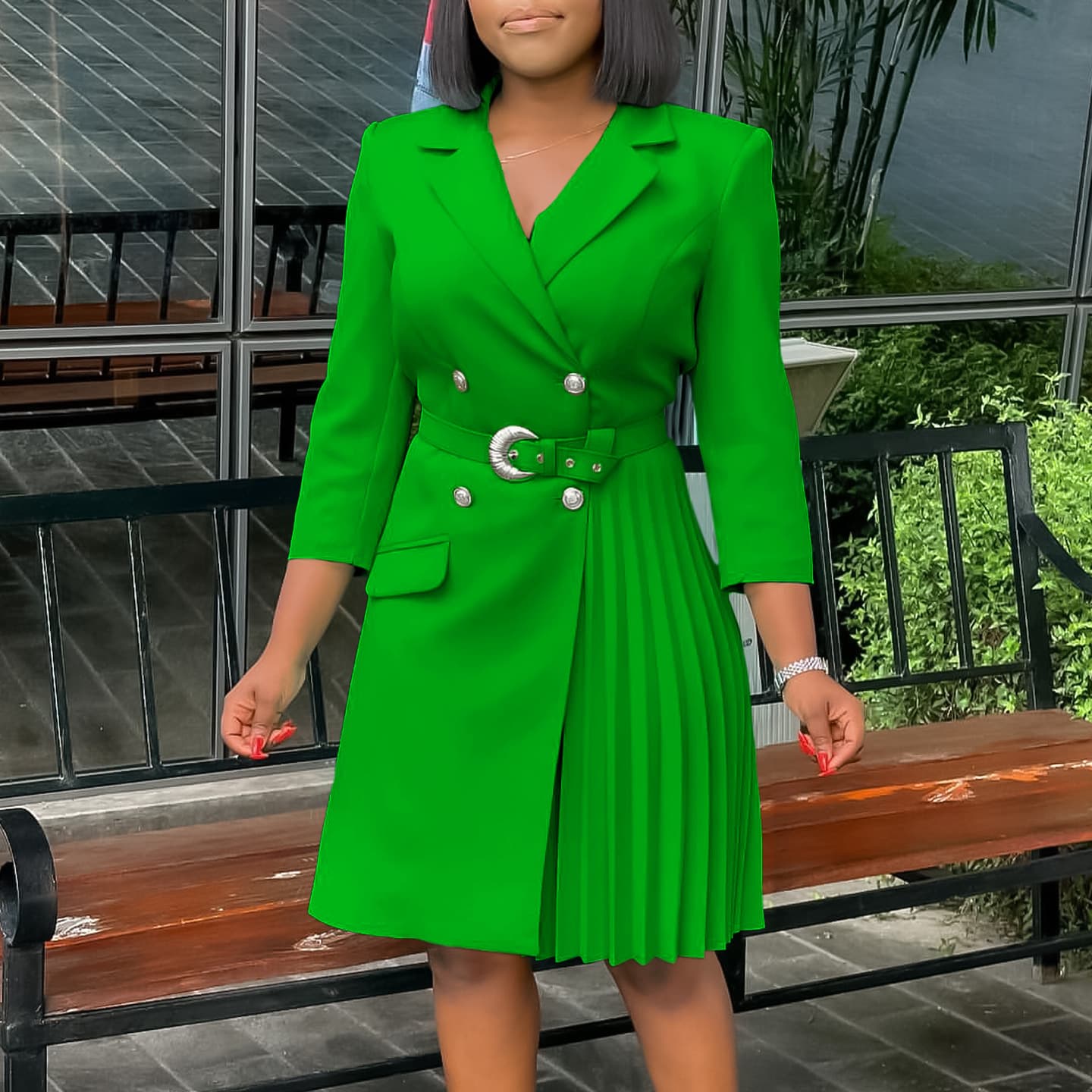 Women's Clothing High Waist Fashion Waist Waist Pleated Stitching Medium Long Suit Dress
