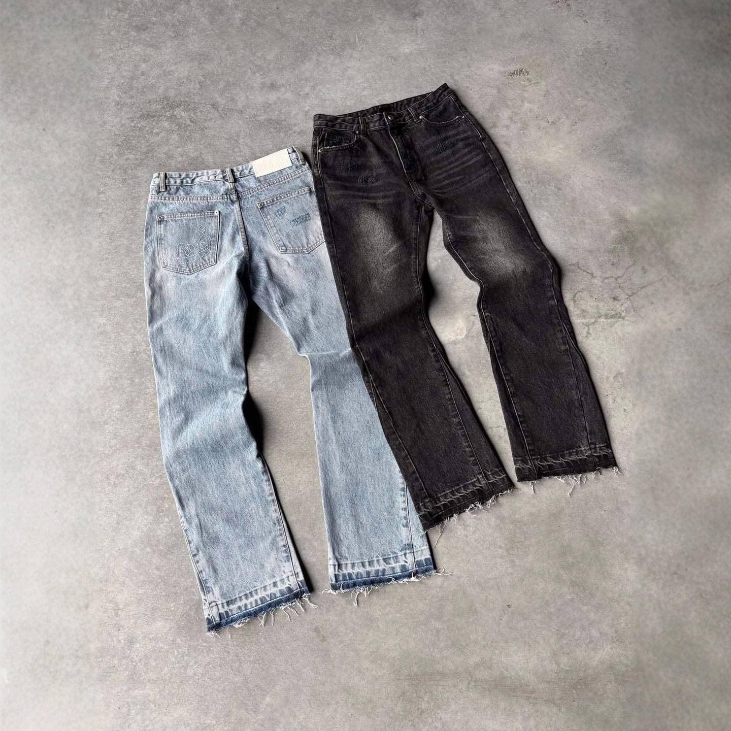 Men's High-End Worn Out Stretch Jeans Tight Fit Midweight Denim Flare Pants Black Vintage Hip Hop Casual Style Zipper Fly
