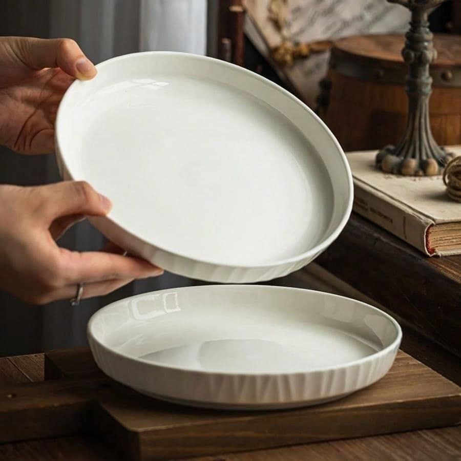 Set Of 4 White Ceramic Plates 8.1 Inch Heavyweight Scandinavian Minimalist Serving Pasta Fruit Dishes Restaurant-Grade Effortless Cleaning