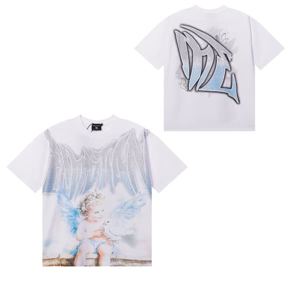 T-shirt unisexe à manches courtes, coupe ample, imprimé extraterrestre tendance style américain, orné de strass, idéal pour la rue.