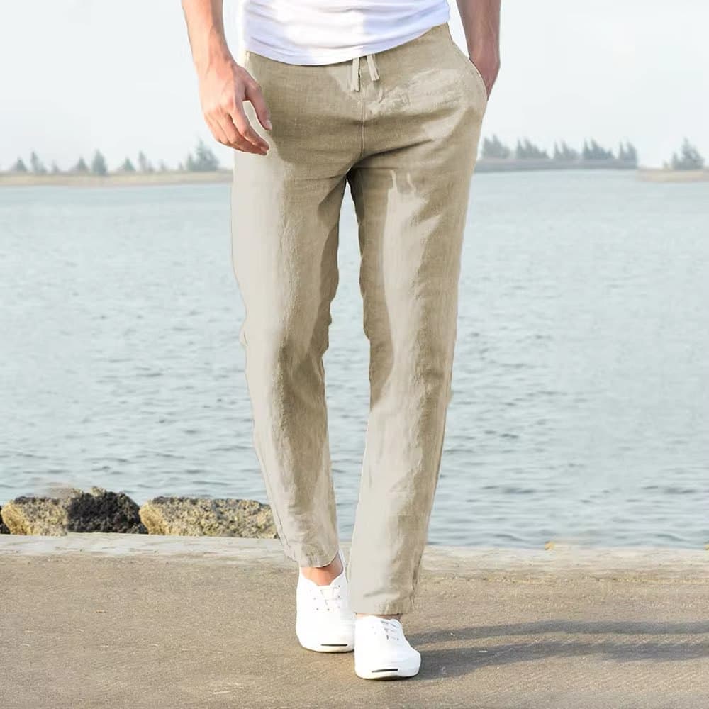 Men's Summer Casual Pants Lightweight Breathable Straight Leg Drawstring Waist Solid Color For Daily Wear