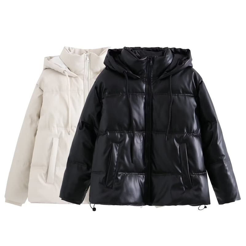 Women's Clothing PU Puffer Jacket For Women – Streetwear Bomber Coat With Stand Collar (Black/Cream, XS-L)