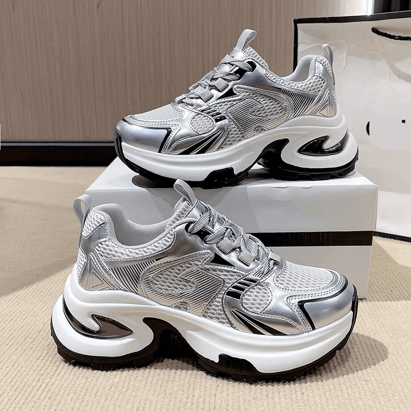 Chaussures de papa à semelles épaisses pour femmes, nouveau style, maille respirante, mode, argent, rehaussement, chaussures de sport décontractées, chaussures tendance
