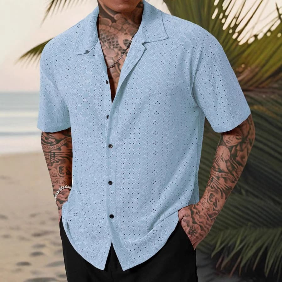 Spring And Summer Men's Short Sleeved Versatile Shirt Hollow Jacquard Casual Shirt
