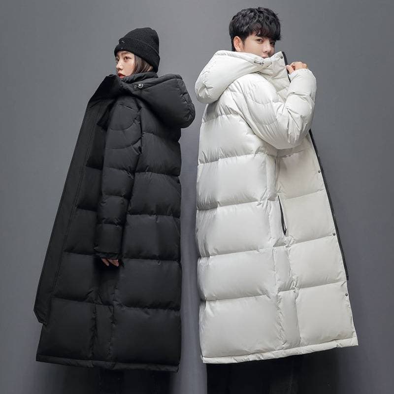 "Trendy Unisex Long Winter Coat With Hood, Lightweight Warm Down Jacket For Outdoor & Daily Wear, Windproof & Insulated, Black/Beige, S-5XL"