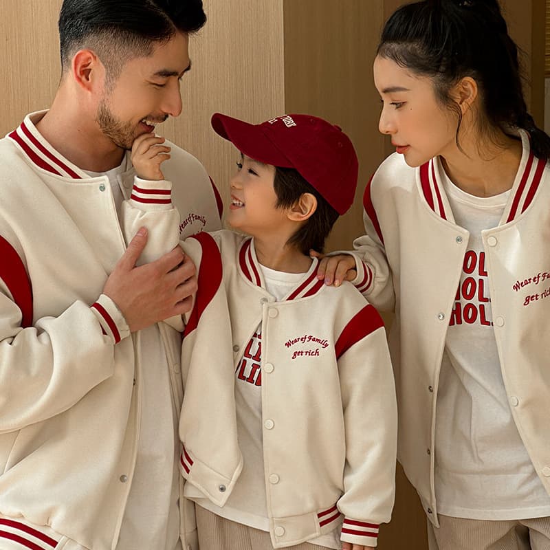 Baseball Jacket Family Set – Thickened Cotton Blend Casual Outerwear (Red/Milk, S-3XL, B-Class Safe, New Year & Autumn/Winter Streetwear)